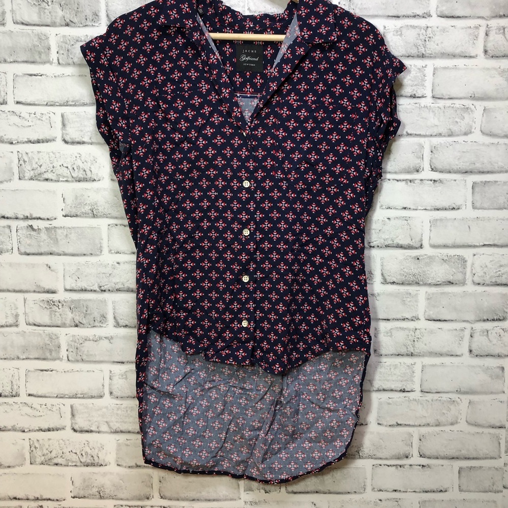 Jachs Women's High/Low Button Down Shirt - Navy and Pink Floral
